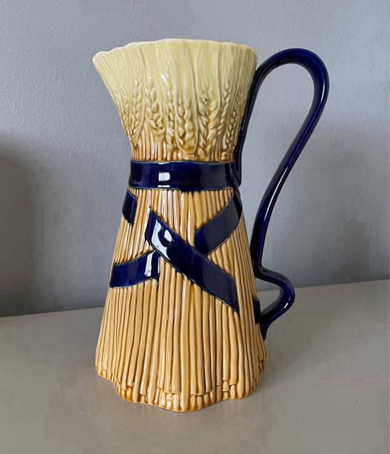 RARE 1990s Bordallo Pinheiro Blue Ribbon Banding Wheat Sheaf Pitcher