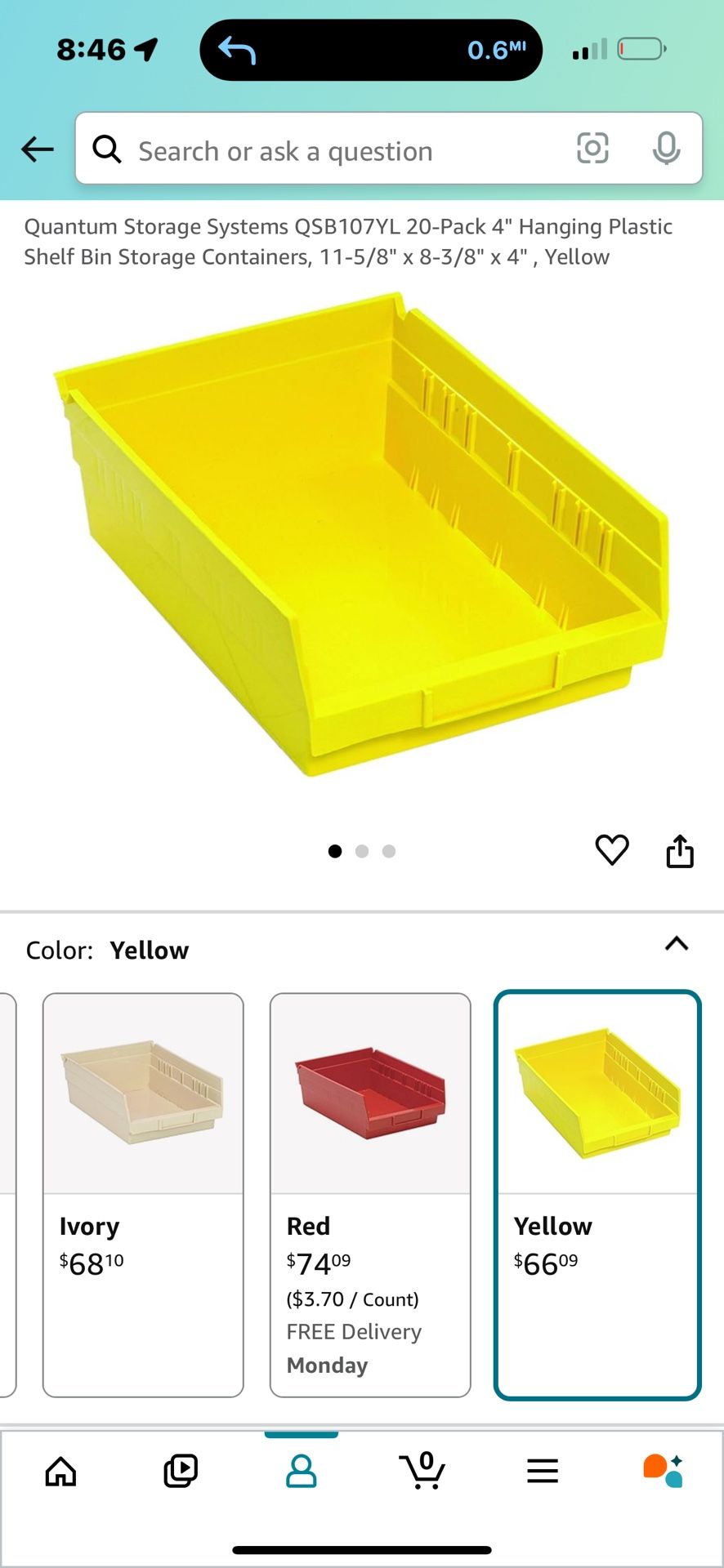 Quantum Storage Systems QSB107YL 20-Pack 4" Hanging Plastic Shelf Bin Storage Containers, 11-5/8" x 8-3/8" x 4" , Yellow
