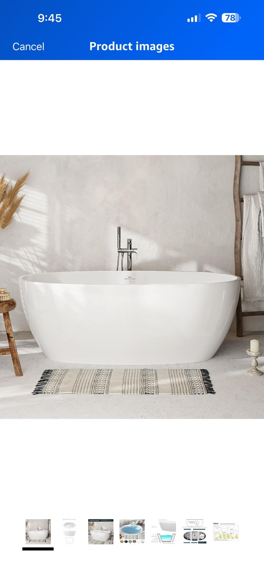 FerdY Tahiti 67" Freestanding Bathtub Elegant Oval Shape, Glossy White Double Walled Insulation bathtub with Center Brushed Nickel Drain, UPC Certifie