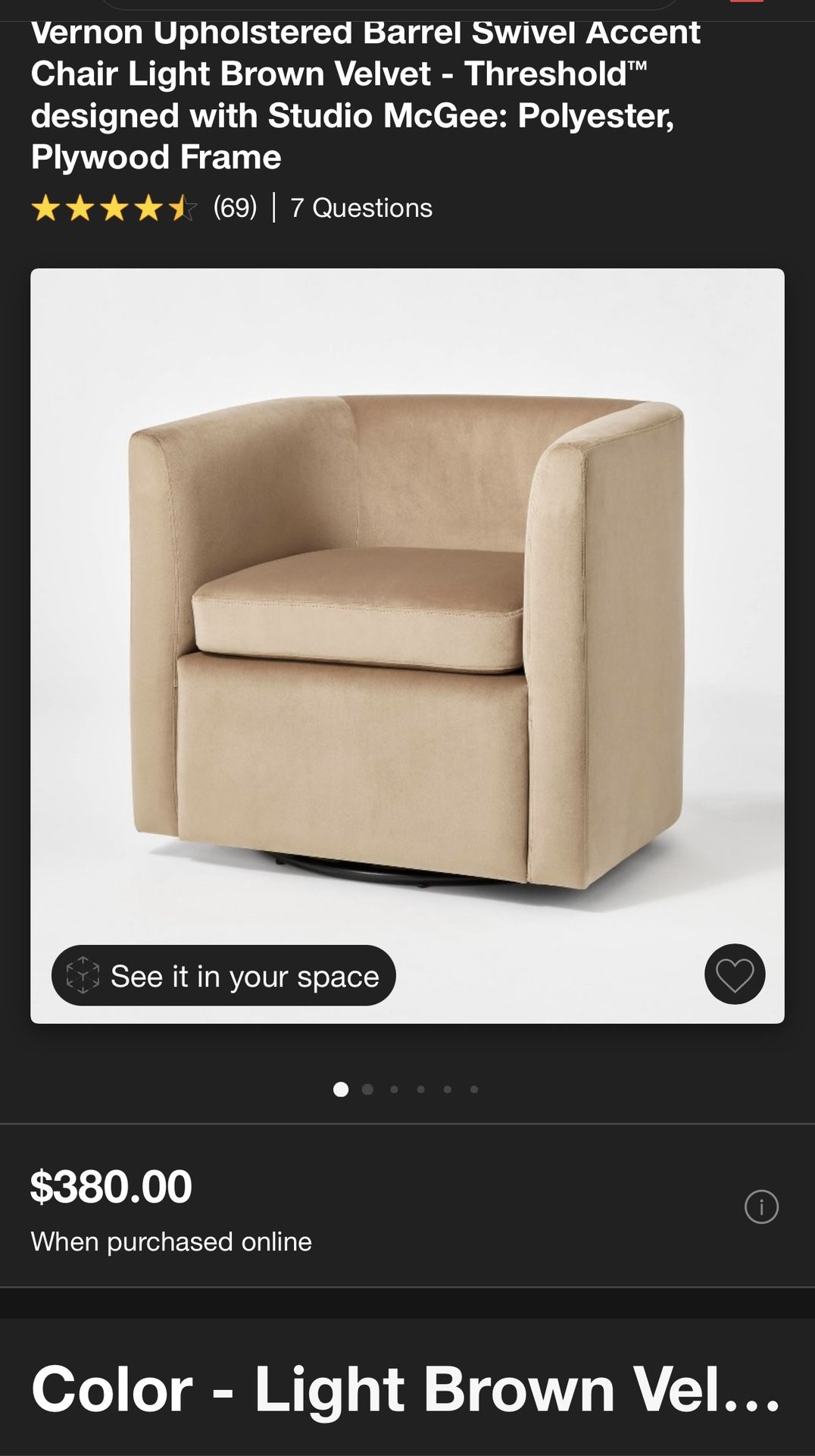 Vernon Upholstered Barrel Swivel Accent Chair Light Brown Velvet - Thresholdâ„¢ designed with Studio McGee: Polyester,
