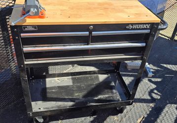 Husky Tool Storage 3-Drawer 36 in. W Standard Duty Gloss Black Rolling Tool Cart with Hardwood Top