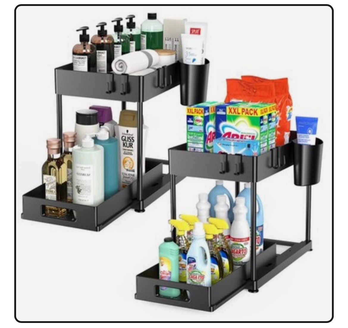 2 Pack Under Sink Organizers and Storage, 2 Tier Pull Out Bathroom Cabinet Organizer, L-Shape Black Under Bathroom Kitchen Sink Organizer with Drawer