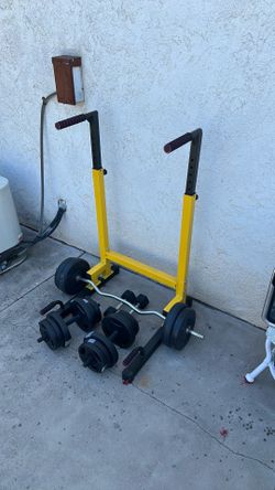 Dip Bar, 25lb Dumbbells, and 40lb Z bar