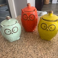 Set of 3 Ceramic Owl Canisters