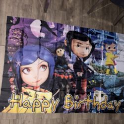 Coraline Birthday Backdrop And Balloons 