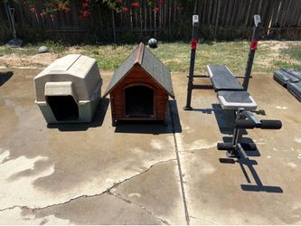 2 Large Dog Houses & Weight Bench