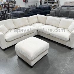 New! Plush Ivory Sectional, Sectional And Storage Ottoman, Sectionals, Sofa, Couch, Beige Couch, Ivorry Couch, Corduroy Sectional, ivory Sofa Dimensio