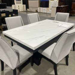 7pc Dining Table Set - Marble Table & Grey Chairs