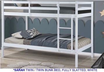 Twin bunk bed. Available in espresso, white, & grey. Bunk bed only-$220. With mattresses-$399. Assembly required. Assembly not included. Tax included.