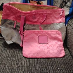 Coach Pink And Silver Tote Bag With Removable Pouch