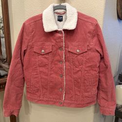 GAP Women Pink Peach Corduroy Trucker Jacket with White Sherpa Lining Size Small