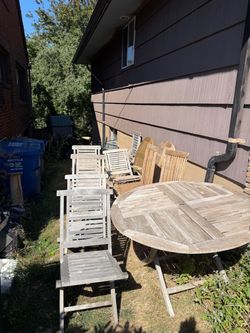 8 Teak chairs +  3 teak tables - Must take ALL!