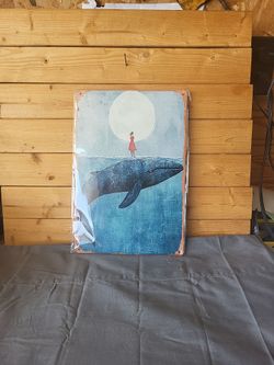 Cute Whale with Girl Metal Sign 8"x14"