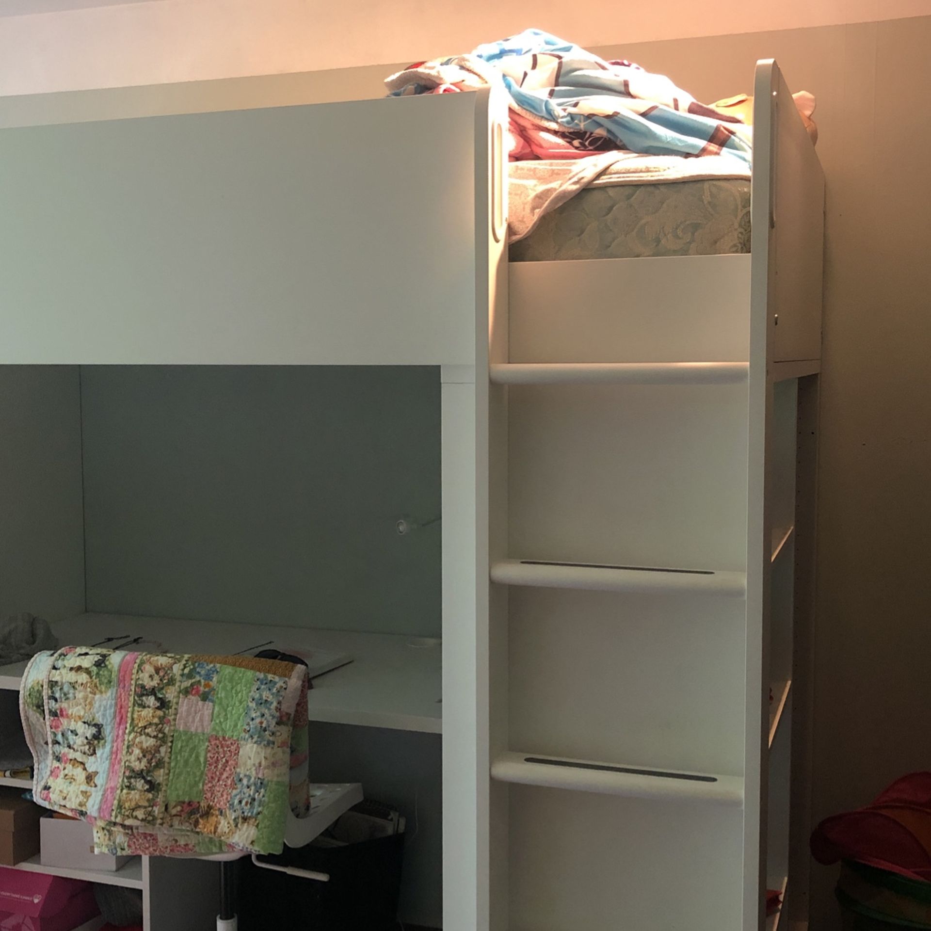 IKEA Twin Loft Bed With Desk, Chair, Side Shelves, Storage