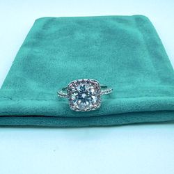 2ct Cushion Halo Moissanite Ring • Size 6 • 14K White Gold Plated