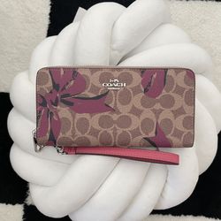 New Coach Long Zip Around Wallet In Signature Canvas With Bow Print CZ326