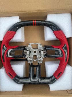 Real Carbon Fiber Steering Wheel for Ford Mustang 2018-2023 Double-D Design with Matching Trim, Red Nappa Leather & Double Stripe, for EcoBoost/GT/GT3