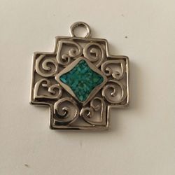 Silver And Turquoise Inlay Pendant Cross