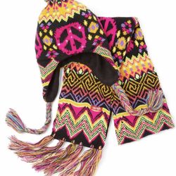 Women’s Fuschia Peace Sign Combo Beanie With Pom Pom And Fringe Scarf