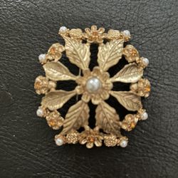 Vintage Flower Brooch With Faux Pearls And Amber Crystals
