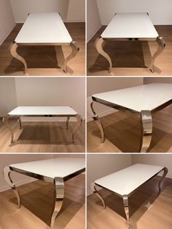 Modern Glam White Glass Dining Table w/ Polished Chrome Curved Legs (Seats 4-6)
