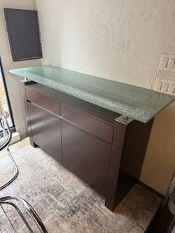 Modern Dark Wood Designer Sideboard with Crackle Glass Top