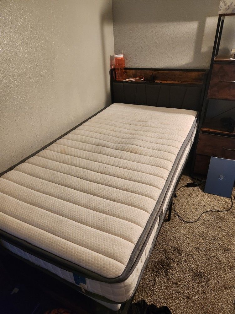 Twin Mattress, Metal Box Spring And Frame With Outlets And Headboard $120 Obo