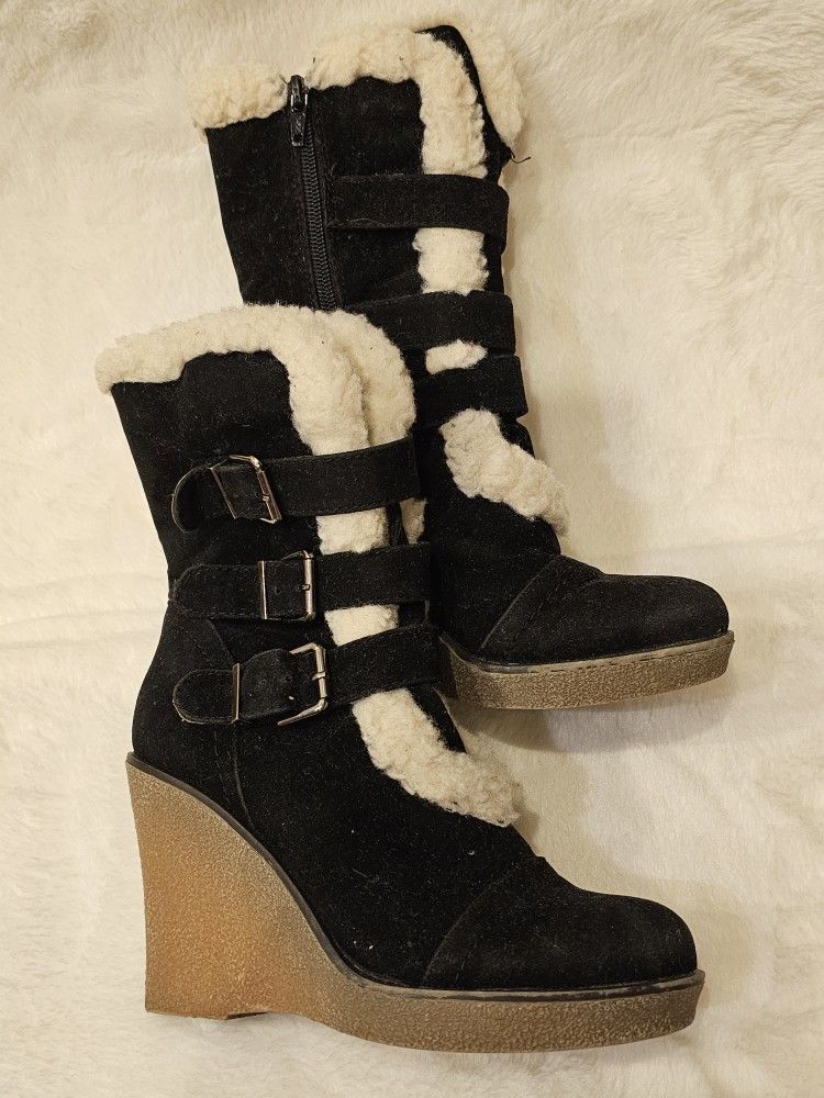 Wild Diva Black Winter Snow High Heel Mid Calf Boots Black Suede Size 5