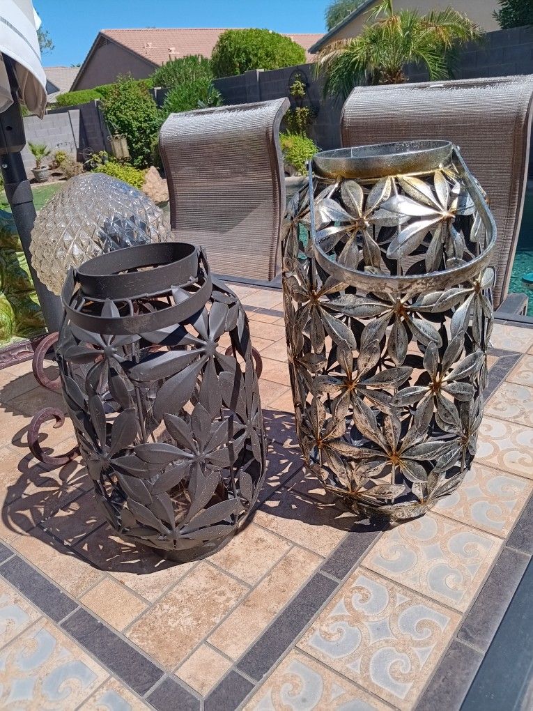 $22 Metal Candle Holders 16" and 14". Use in the Garden or Inside. Black and Silver $22 for Both