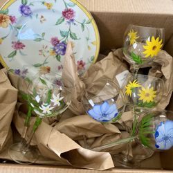 Six Beautiful Flowered Wine, Glasses And Plate.
