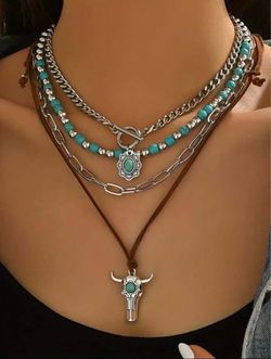 Layered Western Turquoise Bull Skull Necklace Set