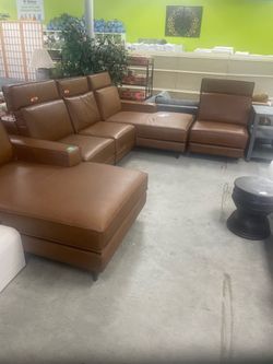 Brown Leather Sectional Sofa with Ottoman