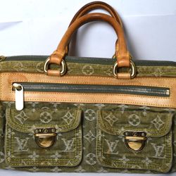 LOUIS VUITTON Neo Speedy Green Monogram Denim HandBag LV Canvas Women's Bag
