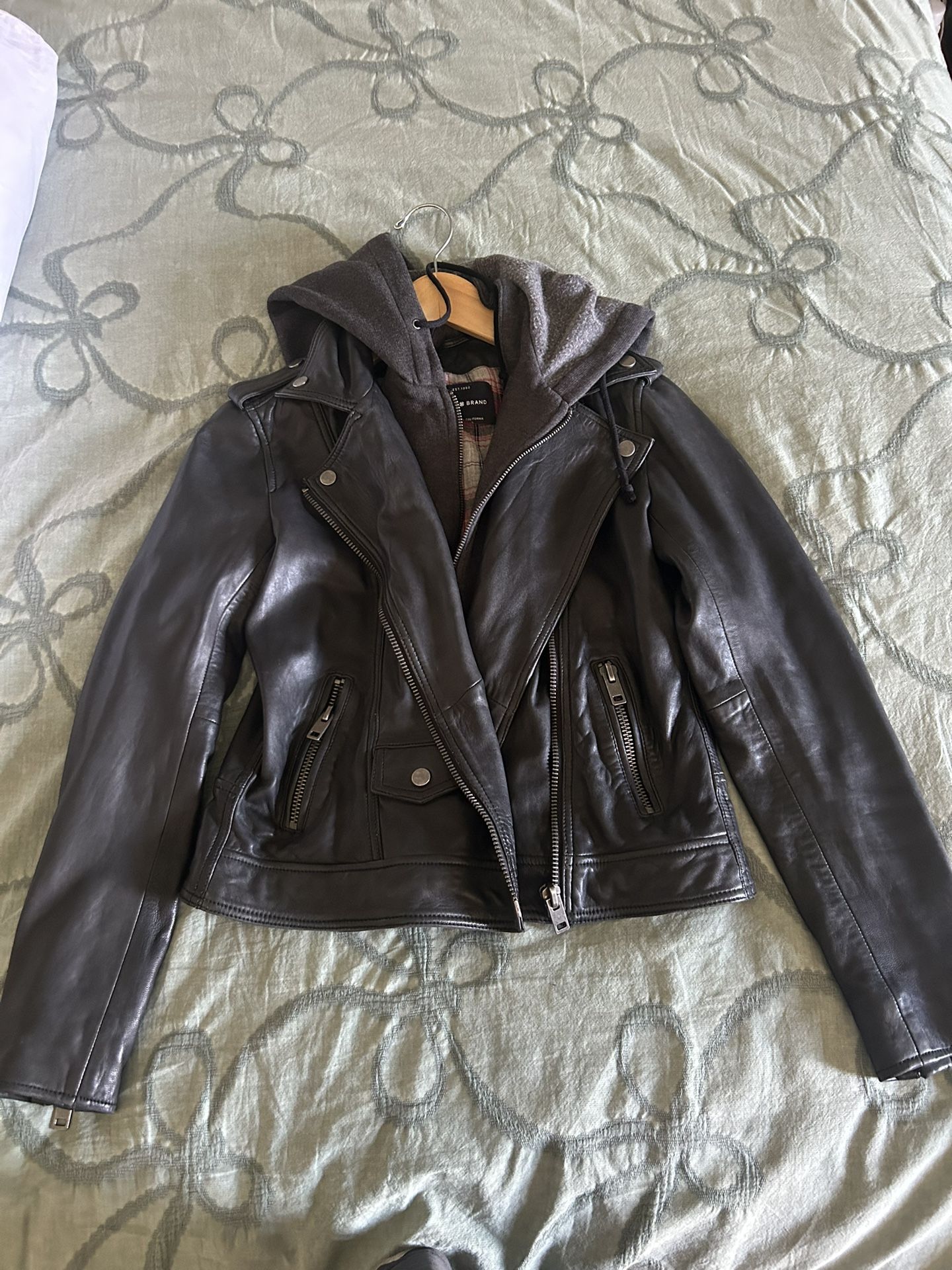 Lucky Brand Leather Motorcycle Jacket W/zip out hoodie Size XS