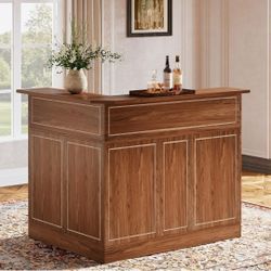 Bar Cabinet, L-Shaped Home Bar Table with Stemware Racks, 4-Tier Corner Bar Unit Liquor Wine Bar Table Reception Desk for Home Pub, Red Brown