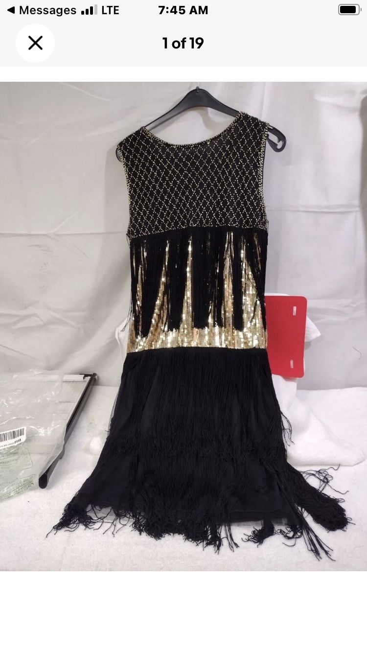 New, Babeyond Gatsby 1920's Flapper Dress Black/Gold L Beads/Sequins & Fringe Size Small