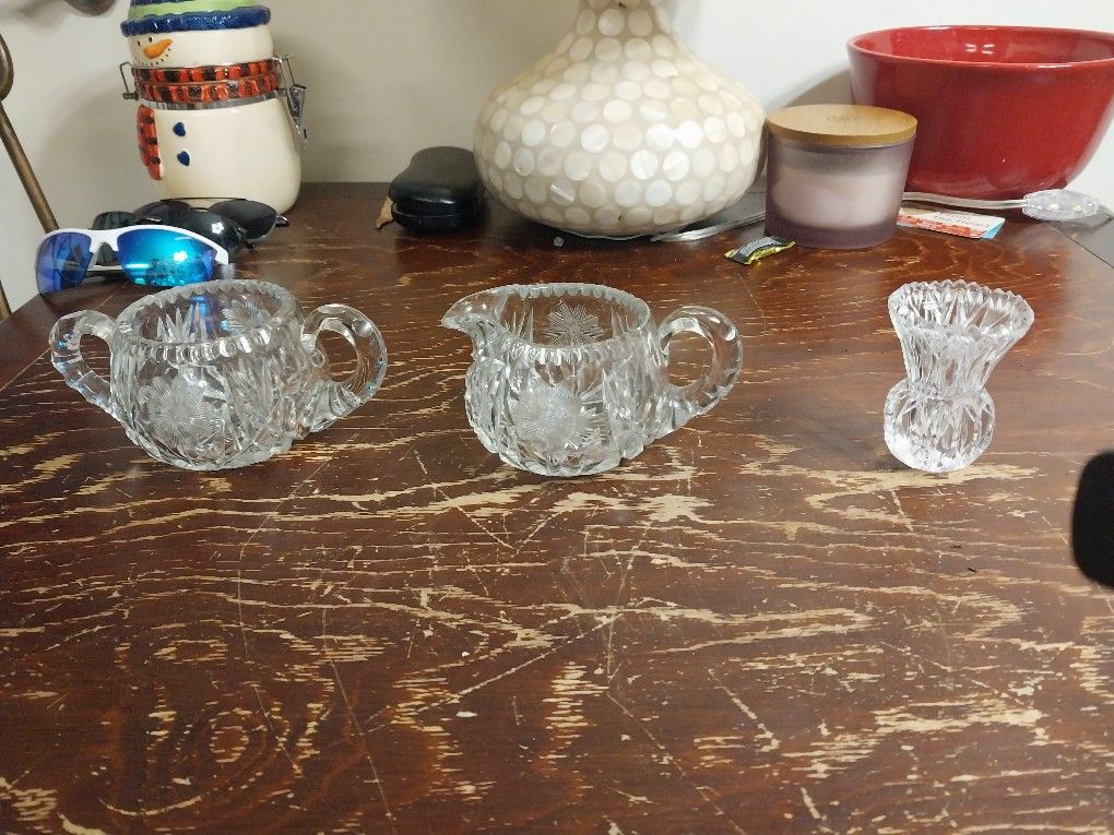 3 Vintage Clear Crystal Cut With Flower Design And Stars (Sugar Bowl,Milk Pour Glass,3" Vase)