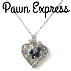 Sterling Silver  Filigree Sapphire Heart Necklace 