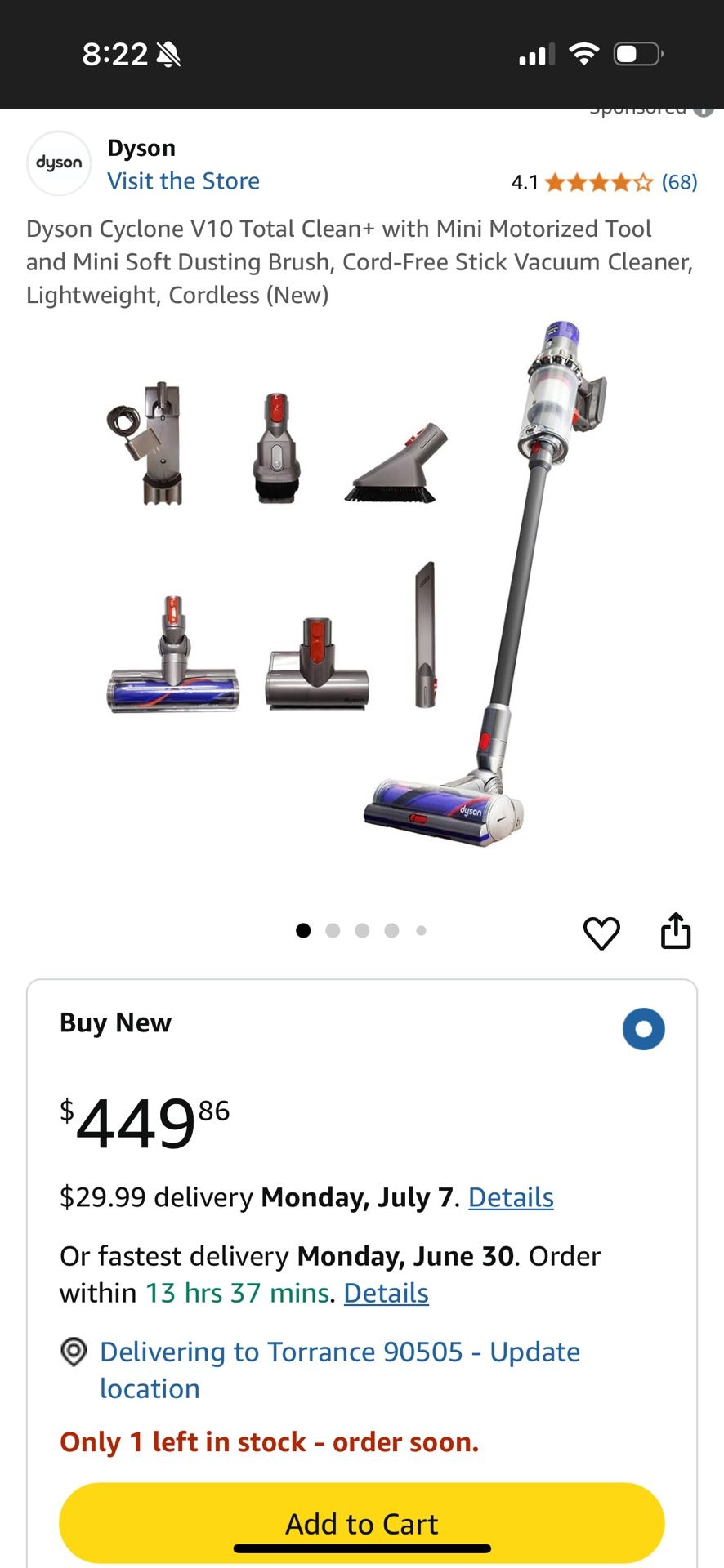 Dyson Cyclone V10 Total Clean+ Comes with NEW Battery and accessories