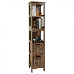 55. 7" Floor Cabinet 3 Tier Shelf Storage with 2 Drawers, Rustic Brown