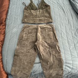 Green Wilson's Leather Real Leather/Suede Pants And Halter Top