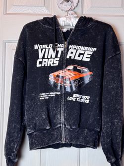Orange Kiss Vintage Cars Graphic Zip-Up Hoodie Size Medium