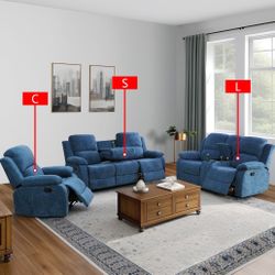 Light Blue Fluffy Fabric 3-Piece Couch Living Room Sofa Set