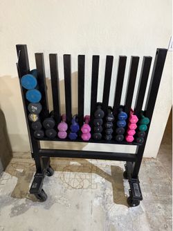Studio Dumbbell Rack on Wheels + Various Dumbbells