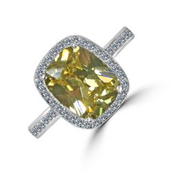 3 CT. (10x8mm) Emerald Cushion Radiant Center w/Halo Pave Simulated Diamond - Diamond Veneer Sterling Silver Electro-plate Ring. 635R0252