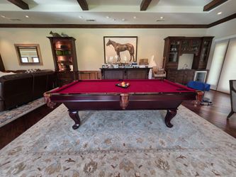 Pool Table with Red Felt and Ball Set