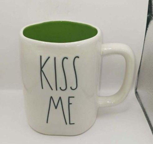 Rae Dunn Artisan Collection by Magenta "Kiss Me"/shamrock double-sided Mug, white with black letters, green inside