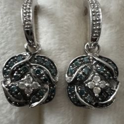 Sterling Silver ~3/4CTW Blue & White Diamond Flower Dangle Earrings ~1"
