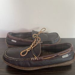 LL Bean Mens Brown Handsewn Leather Slippers Flannel Lined Size 10M