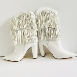 Womens Fashion Tassel White High Heel Pointy Toe Casual Mid Calf Boots Nightclub